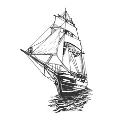 Sailing Ship Sketch Drawing. Sea or River Marine Transport  © SERHII