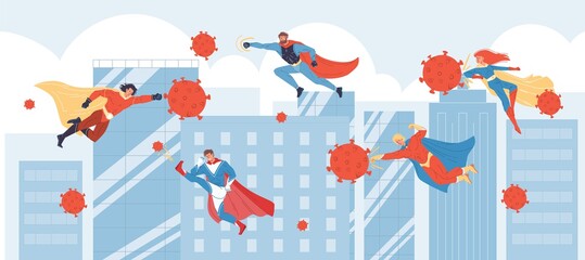 Vector cartoon flat superhero characters fight coronavirus - covid prevention,protection vs pandemic viral infection medical social concept