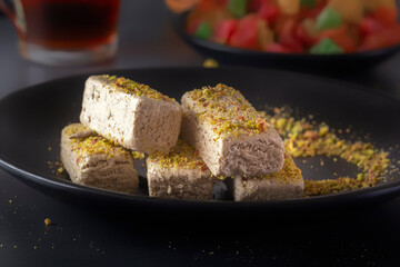 Sunflower halva sprinkled with crushed pistachios on a black plate against a background of multi-colored candied fruit syrup. Eastern sweets. Close-up