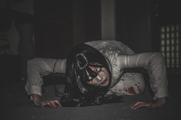 Portrait of asian woman make up ghost,Scary horror scene for background,Halloween festival...