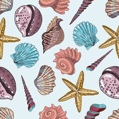 Seashells vector illustration image hand drawn starfish underwater world color set cute kids print textile sea ocean patern seamless
