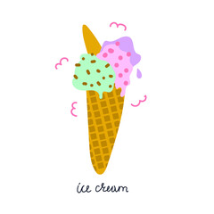 Hand drawn ice cream in the waffle cone. Flat illustration. Summer concept.