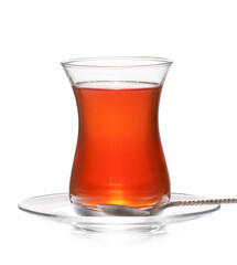 Glass of tasty Turkish tea on white background