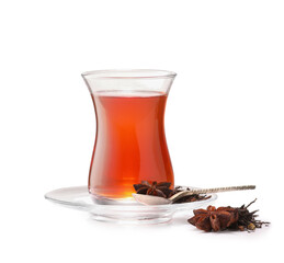 Glass of tasty Turkish tea on white background
