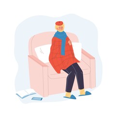 Vector cartoon flat patient character ill,sick person indoor at home quarantine self isolation-fever,coronavirus protection,covid,viral disease infection treatment and therapy medical concept