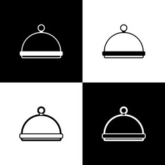 Set Covered with a tray of food icon isolated on black and white background. Tray and lid sign. Restaurant cloche with lid. Kitchenware symbol. Vector