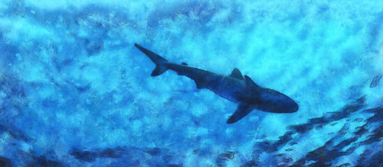 Great white shark in the ocean. Artistic work on the theme of animals