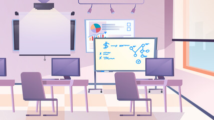 Classroom interior landing page in flat cartoon style. Room with desktops, chairs, computers, presentation board, display with diagram. Online school, e-learning. Vector illustration of web background
