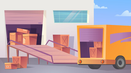Fototapeta premium Warehouse landing page in flat cartoon style. Unloading or loading truck with parcels. Post mail or cargo freight boxes, delivery logistics, shipment process. Vector illustration of web background