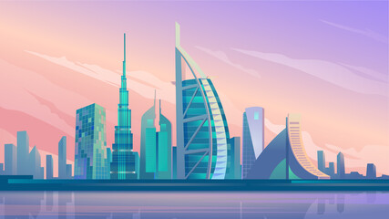Dubai city skyscrapers landing page in flat cartoon style. UAE city panorama, urban landscape with modern building. Business travel and travelling of landmarks. Vector illustration of web background