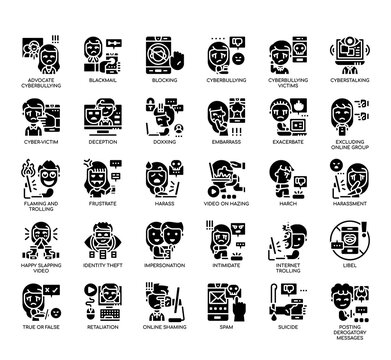 Set of cyberbullying thin line and pixel perfect icons for any web and app project.