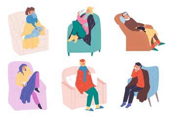 Set of vector cartoon flat patient characters with common diseases symptoms indoor at home quarantine self isolation,various sick persons-different disease treatment and therapy medical concept