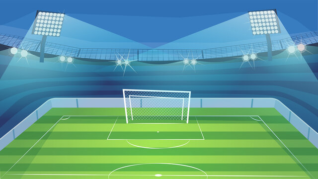 Football court landing page in flat cartoon style. Modern indoor soccer stadium, play ground with green field, gate and tribune. Sports arena with spotlights. Vector illustration of web background