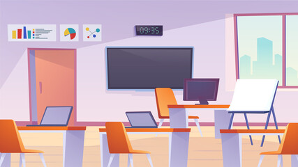 Classroom landing page in flat cartoon style. Comfortable room interior, laptops on desktop, chairs, presentation board. Online school, e-learning, education. Vector illustration of web background