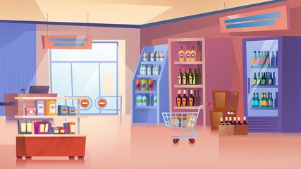 Grocery store landing page in flat cartoon style. Supermarket with cash counter desk, food products and drinks on shelves, shopping trolley with purchases. Vector illustration of web background