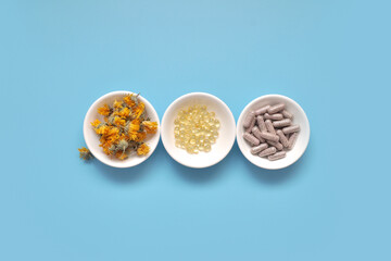 Tablets, vitamins and trace elements, and medicinal herbs. Alternative medicine products