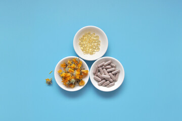 Tablets, vitamins and trace elements, and medicinal herbs. Alternative medicine products