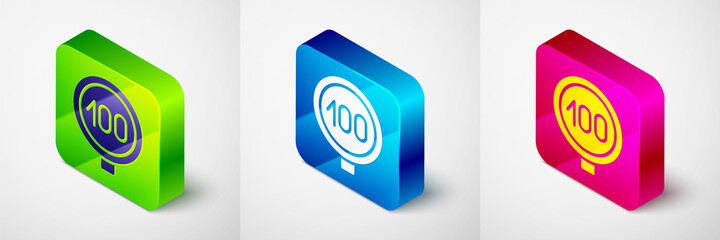 Isometric Speed limit traffic sign 100 km icon isolated on grey background. Square button. Vector