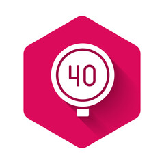 White Speed limit traffic sign 40 km icon isolated with long shadow background. Pink hexagon button. Vector