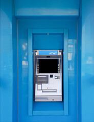 Automatic cash dispenser, gray, blue frame, no one used.