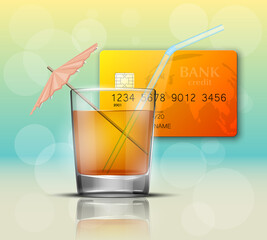 Credit card & glass cold drink alcohol straw banner. Banking card bright soda & umbrella icon. Plastic card software glass of lemonade fruit juice. Debit card bar glass of cocktail fizzy water drink