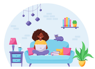 Black woman sitting on a sofa and working on laptop. Freelancer, home office  concept. Vector illustration
