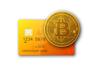 Credit card HUD Golden bitcoin. Digital currency money. Technology credit card bitcoin mining worldwide. Web banner golden bitcoin plastic card. Physical bit coin. Cryptocurrency electronic coin money