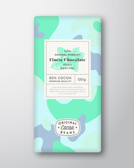 Menthol Chocolate Label Abstract Shapes Vector Packaging Design Layout with Realistic Shadows. Modern Typography Hand Drawn Mint Leaves Silhouette and Colorful Camouflage Pattern Background. Isolated