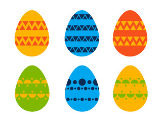 Set of simple Easter eggs. Simple illustration for Easter - ornamented colored flat eggs isolated on white background. Festive spring illustration, egg set for icons, greeting cards, isolated elements