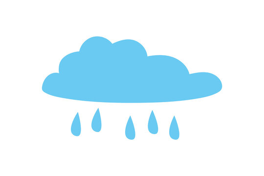 Blue cloud with raindrops, flat illustration. Stock vector illustration isolated on a white background. Simple rain cloud element, child's drawing, can be used as a weather icon, sign or symbol.