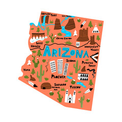 Arizona flat hand drawn vector illustration. American state map isolated on terracotta background.