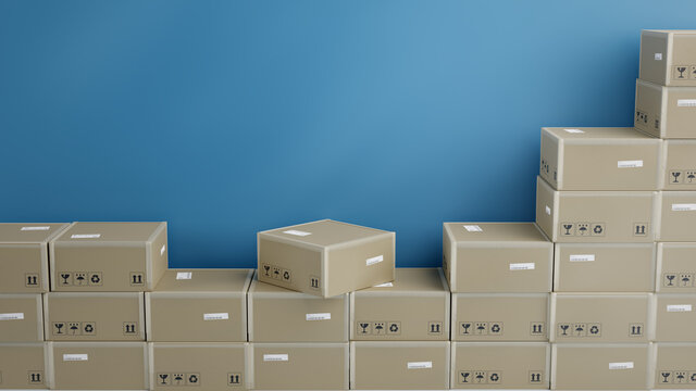 Pile of Cardboard Boxes Next to a Wall , For Package, Shipping and Delivery, With Signs and Labels, Blue Background, Frontal View, 3D Illustration