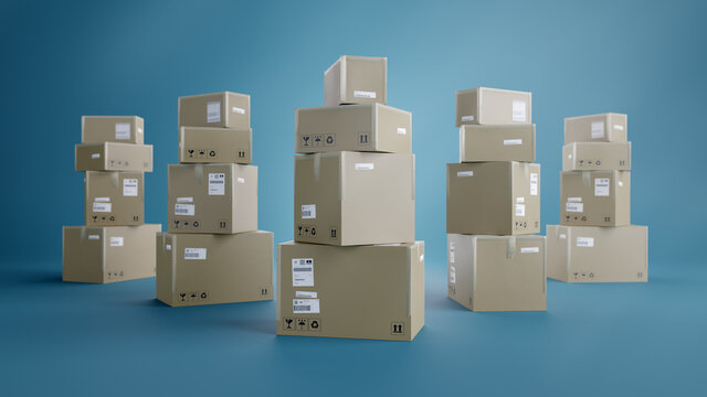 Pile of Cardboard Boxes Collums, For Package, Shipping and Delivery, With Signs and Labels, Blue Background, 3D Illustration