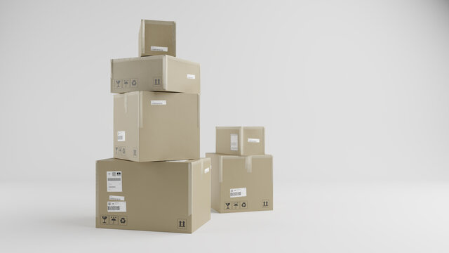  Nomes originais: Pile of Cardboard Boxes Collums, For Package, Shipping and Delivery, With Signs and Labels, Blue Background, Frontal View, 3D Illustration