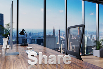 trading; office chair in front of modern workspace with computer and skyline view; banking concept; 3D Illustration