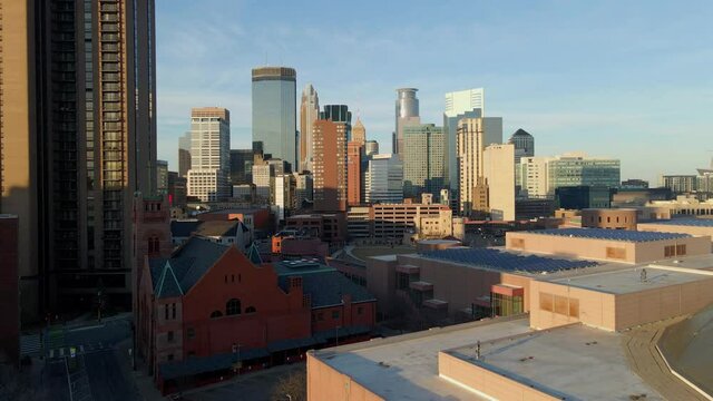 downtown minneapolis, msp during golden hour aerial footage