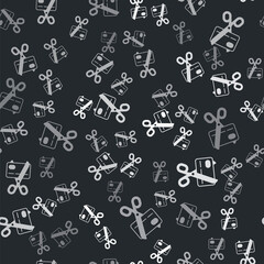 Grey Scissors cutting a credit card icon isolated seamless pattern on black background. Online payment. Cash withdrawal. Financial operations. Shopping sign. Vector