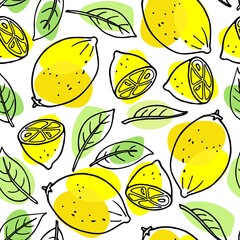 Citrus seamless pattern. Lemon fruit and leaves. Citrus hand drawn vector doodle sketch with green and yellow colors. Food pattern for print, textile, fabric, wrapping paper, wallpaper, scrapbooking