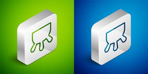 Isometric line Udder icon isolated on green and blue background. Silver square button. Vector