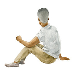Young man sitting back view. Watercolor illustration. Back view relaxed single person. Isolated on white background. Alone person resting image. Hand drawn element