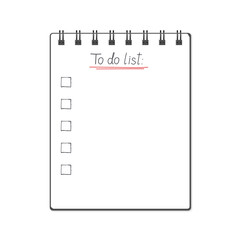 Vector illustration of block note with 'To do list' text sign. Realistic block note with to do list and checkboxes. Notepaper can be used as a mock up, background or template for your projects. Eps 10