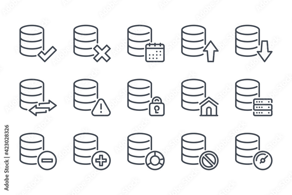 Wall mural database and cloud server line icon set. network and hosting linear icons. data transfer and online 