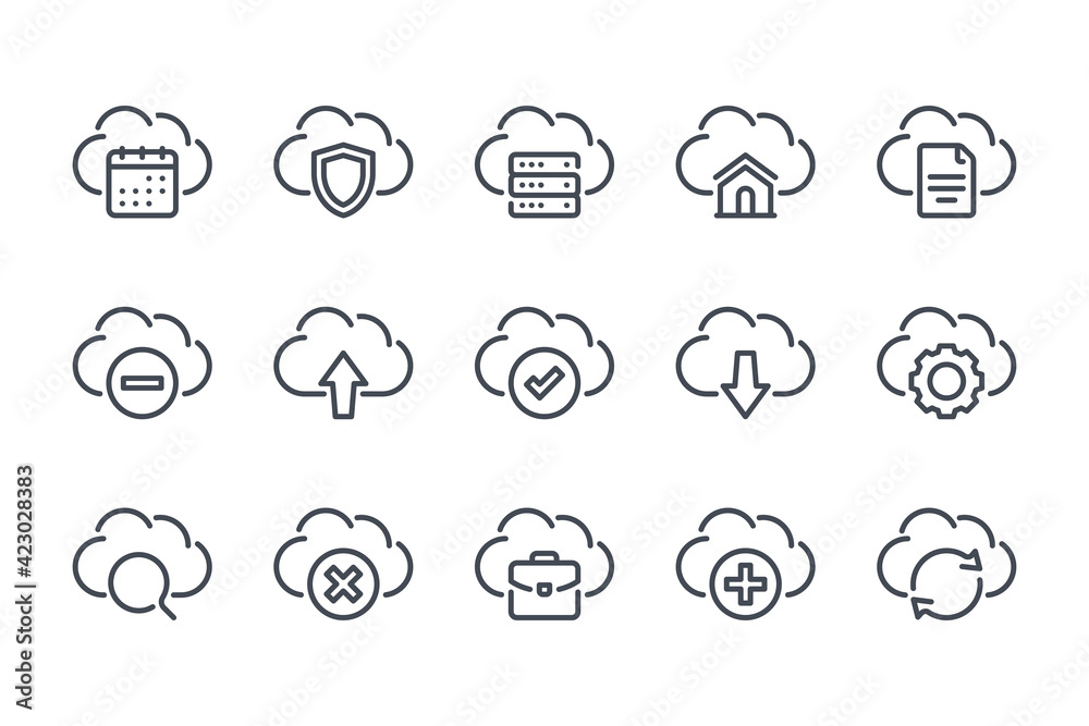 Poster cloud technology, network and server data service line icon set. cloud computing system linear icons