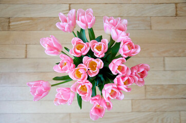Close up image of pink tulips flowers. Spring, summer romantic floral background. Beautiful bouquet of flowers.