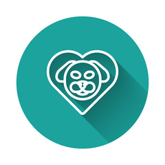 White line Heart with dog icon isolated with long shadow background. Pet paw in heart. Love to the animals. Green circle button. Vector