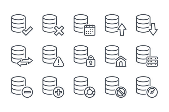 Database and cloud server line icon set. Network and hosting linear icons. Data transfer and online computing outline vector sign collection.