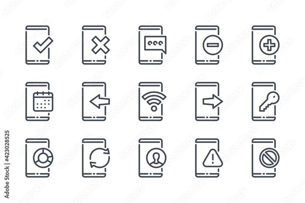 Poster mobile phone notifications and settings line icon set. smartphone options and preferences linear ico