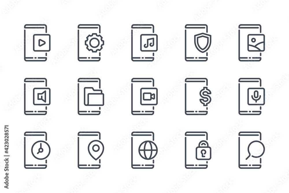 Poster mobile phone notifications and settings line icon set. smartphone options and preferences linear ico