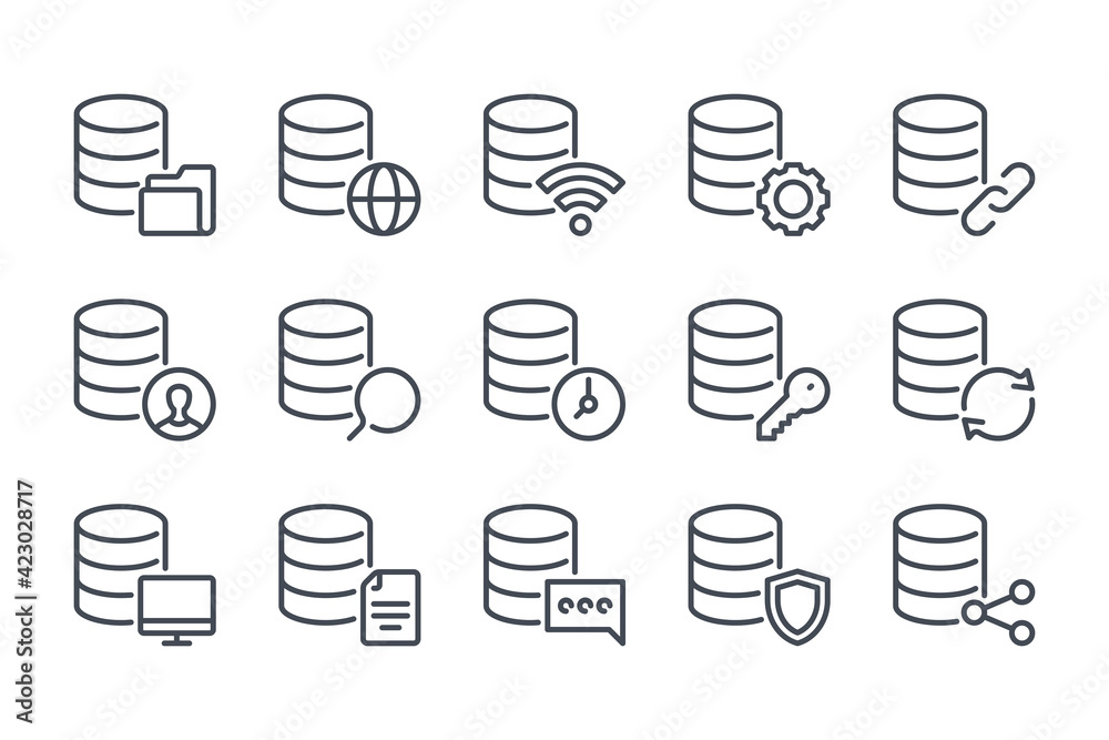 Poster database and cloud server line icon set. network and hosting linear icons. data transfer and online 