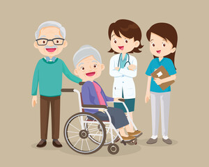 doctor team and elderly couple sitting on wheelchair